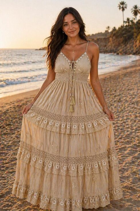 Dresses & Skirts - Warm Beige Boho Maxi Dress | Embroidered Tiered Vacation Flowy Coastal Bohemian